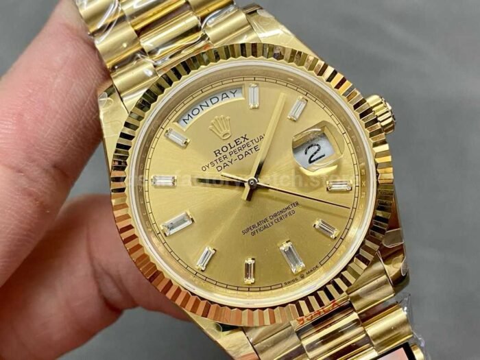 QF Factory Counterweight Rolex Day Date 40 228238 0005 40mm Full Yellow Gold Baguet 9 Super Clone Watch,Clean Factory Watch