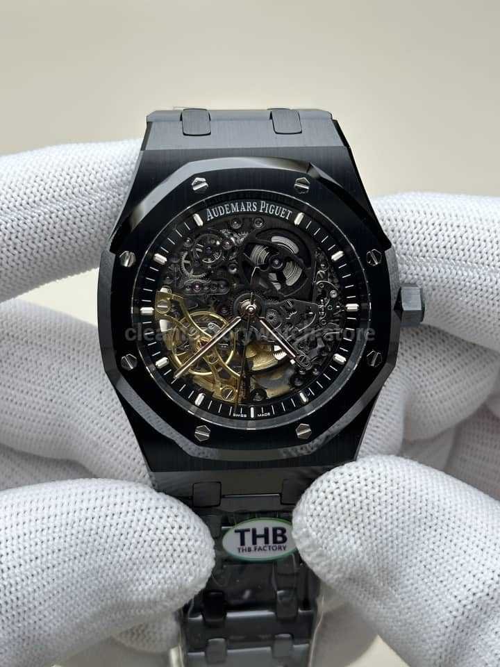 THB Royal Oak Ceramic Skeleton replica with a black octagonal bezel, openworked dial and integrated ceramic bracelet