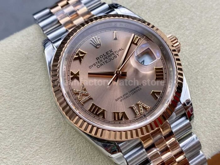 VS Factory Rolex Datejust 126231 0027 36mm Half Rose Gold Roman Number Diamond Gold Dial Jubilee Super Clone Watch,Clean Factory Watch
