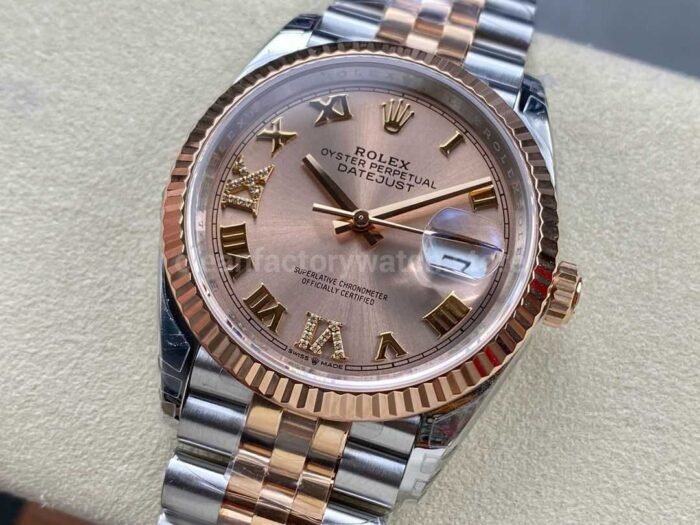 VS Factory Rolex Datejust 126231 0027 36mm Half Rose Gold Roman Number Diamond Gold Dial Jubilee 7 Super Clone Watch,Clean Factory Watch