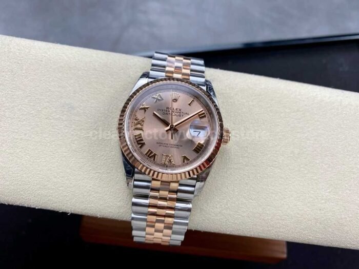 VS Factory Rolex Datejust 126231 0027 36mm Half Rose Gold Roman Number Diamond Gold Dial Jubilee 9 Super Clone Watch,Clean Factory Watch