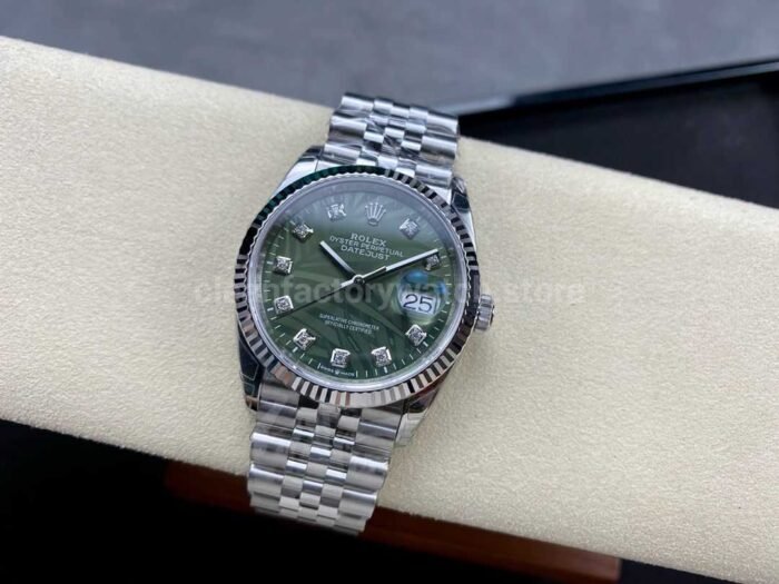 VS Factory Rolex Datejust 126234 0055 36mm Full 904L Diamond Olive Green Palm Motif Dial Jubilee Super Clone Watch,Clean Factory Watch
