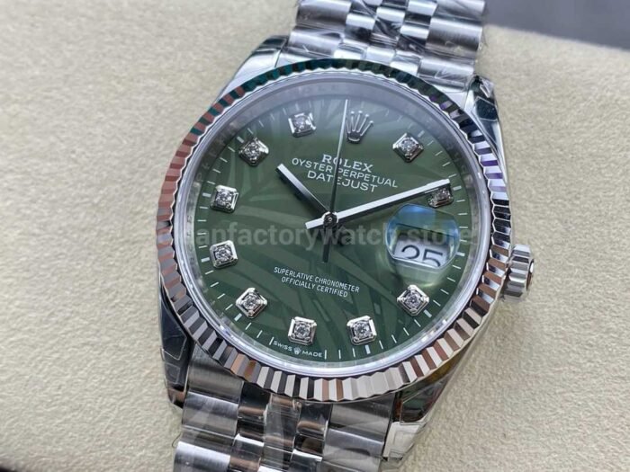VS Factory Rolex Datejust 126234 0055 36mm Full 904L Diamond Olive Green Palm Motif Dial Jubilee 8 Super Clone Watch,Clean Factory Watch