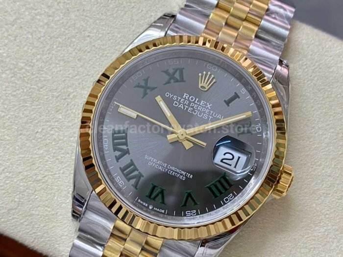 VS Factory Rolex Wimbledon Datejust 126233 0035 36mm Half Yellow Gold Roman Number Grey Dial J 3 Super Clone Watch,Clean Factory Watch
