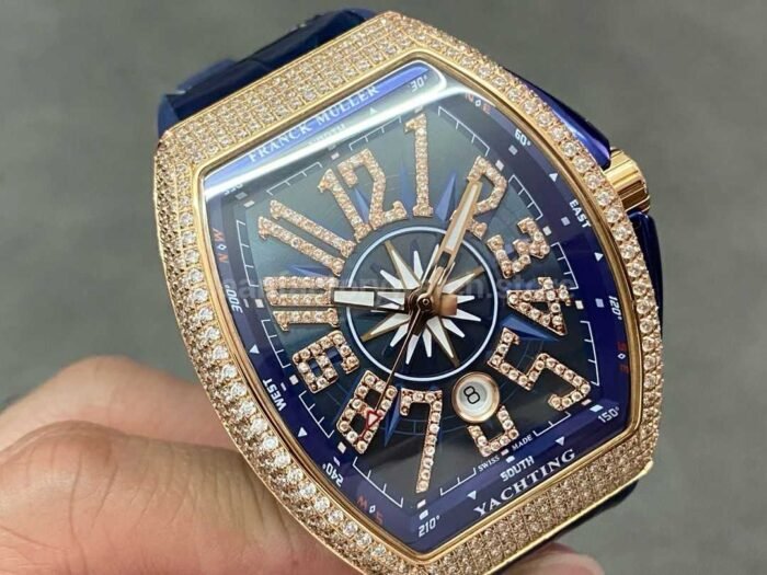 ABF Factory Franck Muller Vanguard V45 44mm DiamondRose Gold Rubber Strap Blue Dial 3 Super Clone Watch,Clean Factory Watch