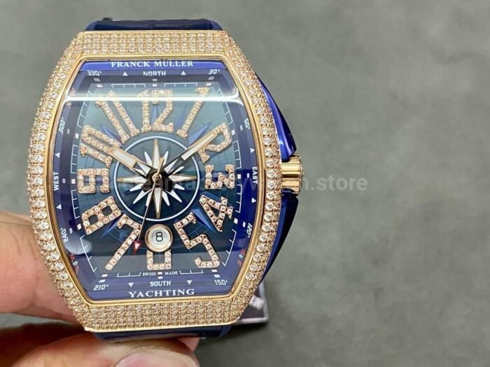 ABF Factory Franck Muller Vanguard V45 44mm DiamondRose Gold Rubber Strap Blue Dial 5 Super Clone Watch,Clean Factory Watch