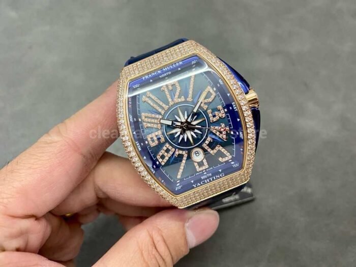 ABF Factory Franck Muller Vanguard V45 44mm DiamondRose Gold Rubber Strap Blue Dial 7 Super Clone Watch,Clean Factory Watch