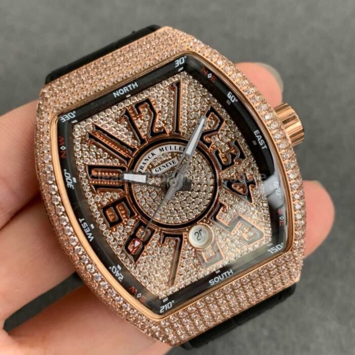 ABF Factory Franck Muller Vanguard V45 44mm Rose GoldDiamond Rubber Strap Black Dial 1 Super Clone Watch,Clean Factory Watch