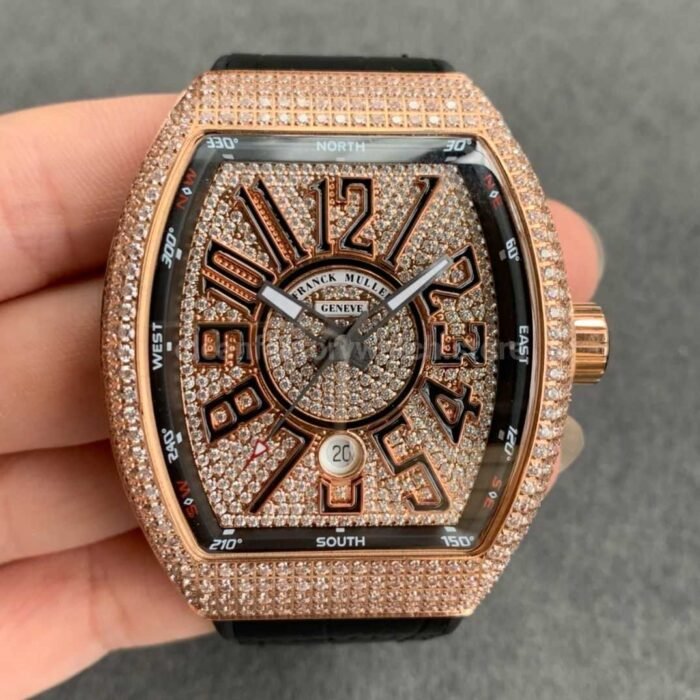 ABF Factory Franck Muller Vanguard V45 44mm Rose GoldDiamond Rubber Strap Black Dial 3 Super Clone Watch,Clean Factory Watch