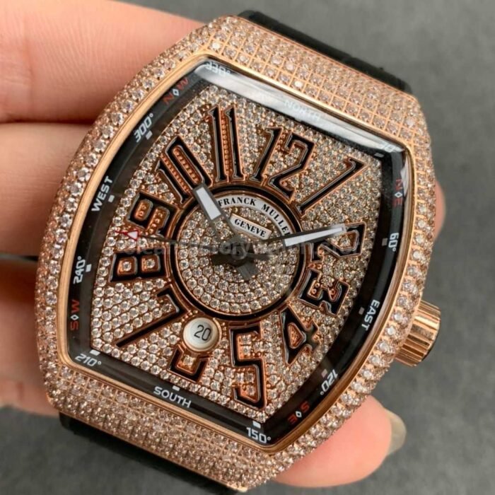 ABF Factory Franck Muller Vanguard V45 44mm Rose GoldDiamond Rubber Strap Black Dial 8 Super Clone Watch,Clean Factory Watch