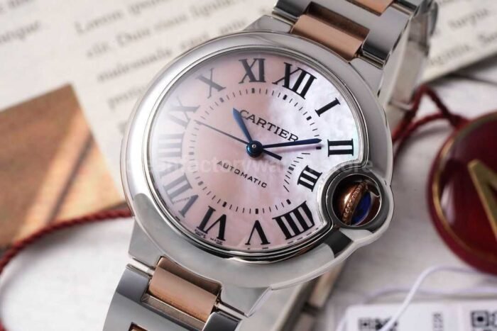 AF Factory Cartier Ballon Bleu W6920098 33mm Half Rose Gold Roman Numerals Mother Of Pearl Dia 8 Super Clone Watch,Clean Factory Watch