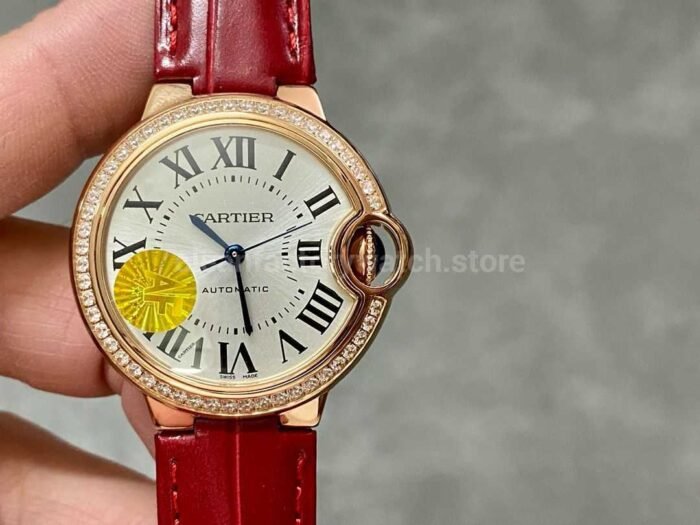 AF Factory Cartier Ballon Bleu WJBB0033 33mm Diamond Bezel Rose Gold Red Lea 3 Super Clone Watch,Clean Factory Watch