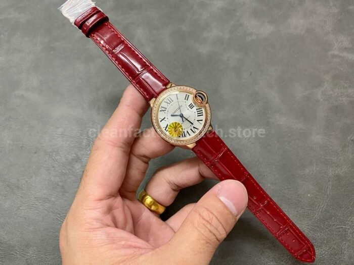 AF Factory Cartier Ballon Bleu WJBB0033 33mm Diamond Bezel Rose Gold Red Lea 9 Super Clone Watch,Clean Factory Watch