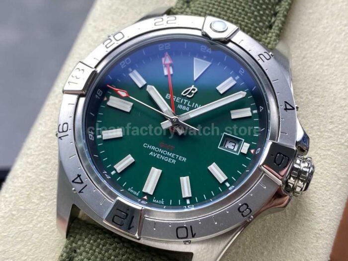 BLS Factory Breitling Avenger 44mm Steel Calf Skin Strap Red GMT Needle Green Dial 3 Super Clone Watch,Clean Factory Watch