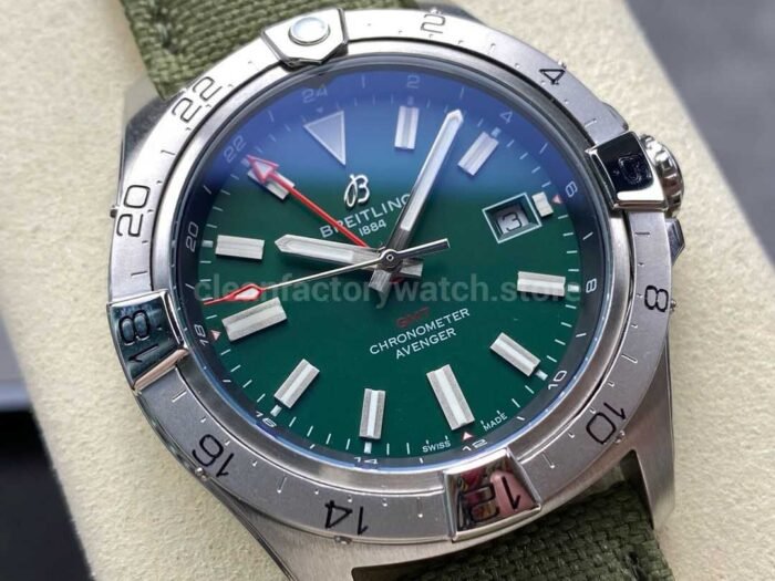 BLS Factory Breitling Avenger 44mm Steel Calf Skin Strap Red GMT Needle Green Dial 5 Super Clone Watch,Clean Factory Watch