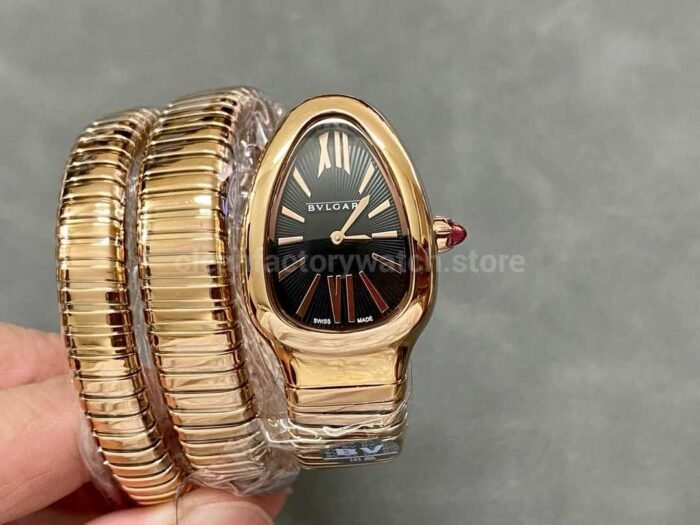 BV Factory Bvlgari Quartz Serpenti 102123 35mm Full Rose Gold Roman Numerals Black solid Dial 7 Super Clone Watch,Clean Factory Watch
