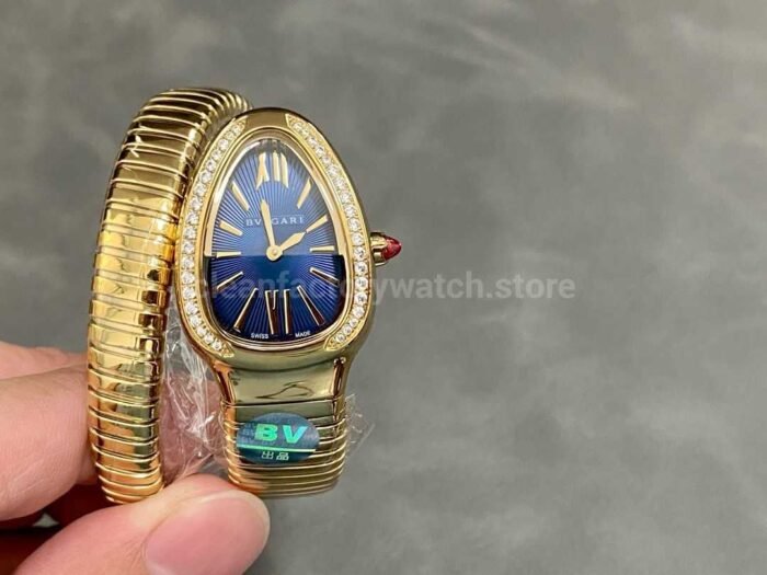 BV Factory Bvlgari Quartz Serpenti 102984 35mm Full Gold Roman Numerals Blue solid Dial 6 Super Clone Watch,Clean Factory Watch