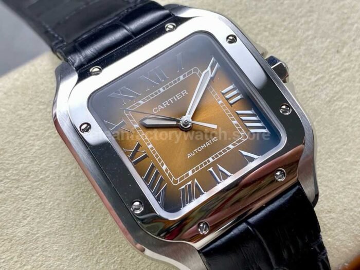 BV Factory Womens Cartier Santos WSSA0065 35.1mm Steel Leather Strap Roman Numerals Orange Dial 3 Super Clone Watch,Clean Factory Watch