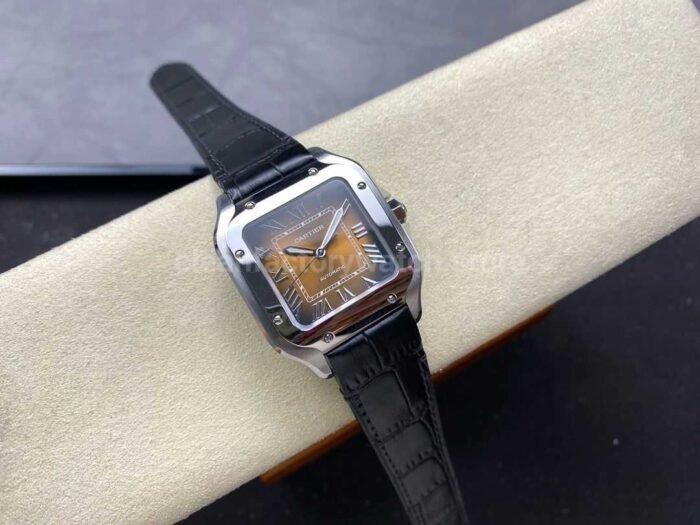 BV Factory Womens Cartier Santos WSSA0065 35.1mm Steel Leather Strap Roman Numerals Orange Dial 4 Super Clone Watch,Clean Factory Watch
