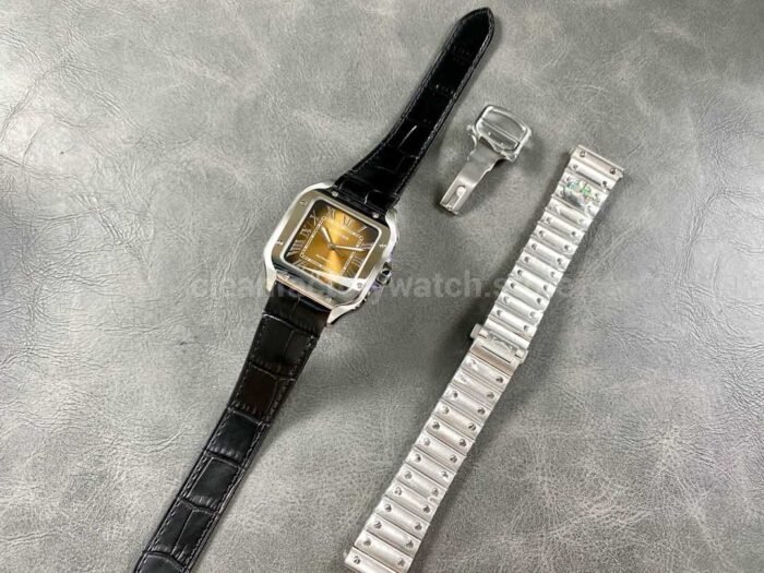 BV Factory Womens Cartier Santos WSSA0065 35.1mm Steel Leather Strap Roman Numerals Orange Dial 5 Super Clone Watch,Clean Factory Watch