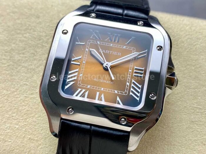 BV Factory Womens Cartier Santos WSSA0065 35.1mm Steel Leather Strap Roman Numerals Orange Dial 7 Super Clone Watch,Clean Factory Watch