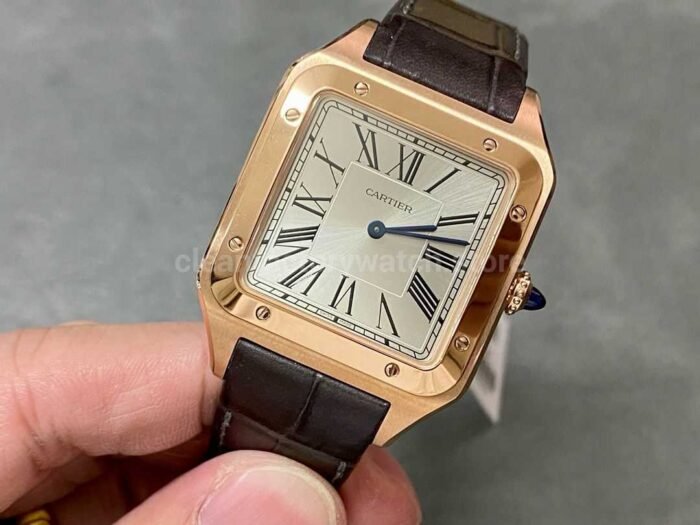 F1 Factory Cartier Santos Dumont WGSA0032 33.9mm Rose Gold Leather Strap Roman Numerals Silver 1 Super Clone Watch,Clean Factory Watch