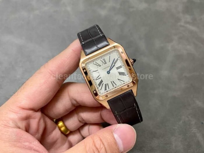 F1 Factory Cartier Santos Dumont WHSA0021 31.4mm Rose Gold Leather Strap Roman Numerals Silver Dial - Image 4
