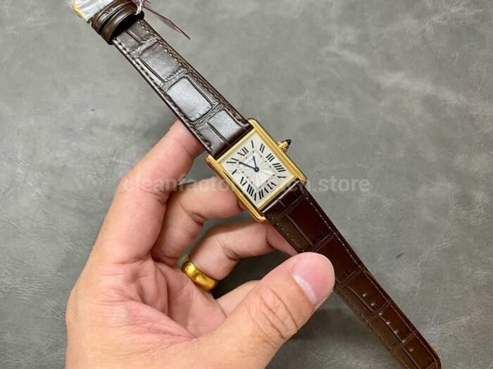 F1 Factory Cartier Tank Louis Cartier W1529756 25.5mm Yellow Gold Leather Strap Roman Num 5 Super Clone Watch,Clean Factory Watch