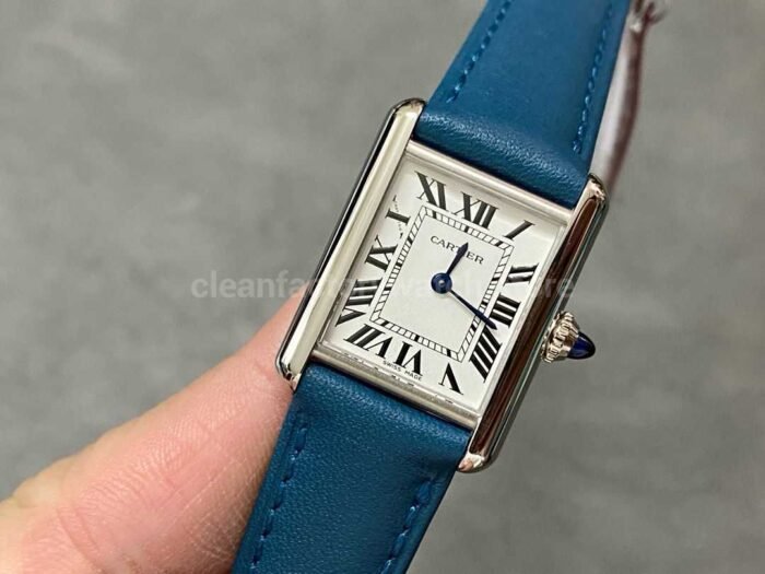F1 Factory Cartier Tank Louis Cartier WSTA0042 22mm Steel Blue Leather Strap Roman Numerals 6 Super Clone Watch,Clean Factory Watch