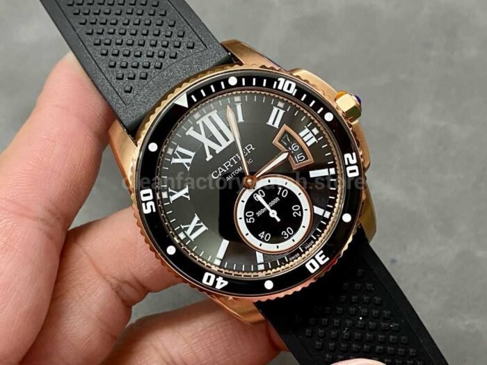 F5 Factory Cartier Calibre de Cartier Diver W7100052 42mm Rose Gold Rubber Strap Roman Numerals Blac 6 Super Clone Watch,Clean Factory Watch