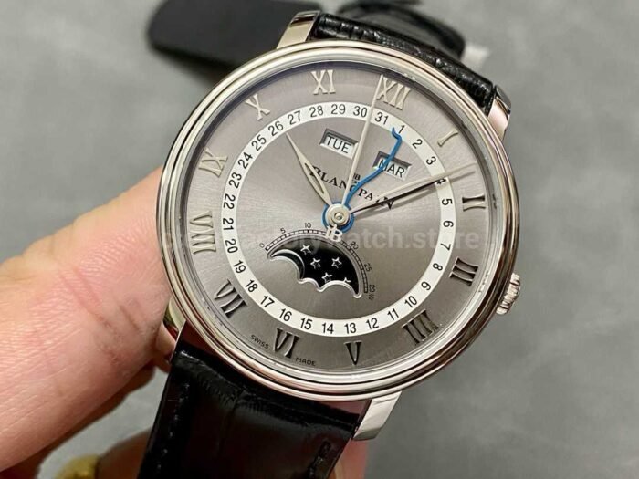 OM Factory Blancpain Villeret Quantième Complet 6654-1113-55B 40mm Steel Leather Strap Roman Numerals Grey Dial - Image 3
