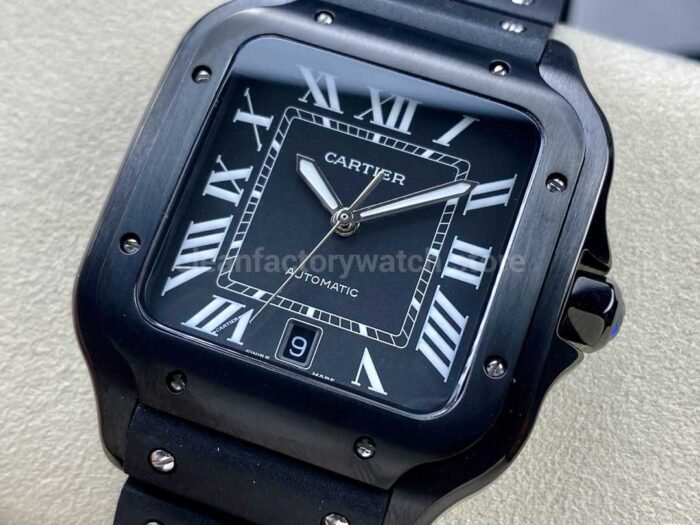 THB Factory Cartier Santos WSSA0039 39.8mm Steel Rubber Strap Roman Numerals Black Dial 3 Super Clone Watch,Clean Factory Watch