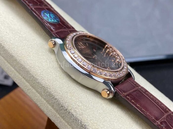 YF Factory Chopard Happy Sport 277473-5008 36mm Diamond Rose Gold Bezel Steel Leather Strap Roman Numerals Brown Dial - Image 5