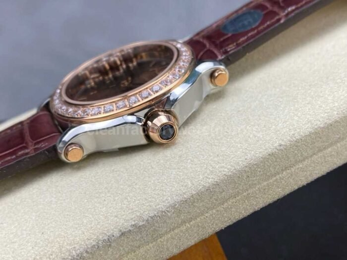 YF Factory Chopard Happy Sport 277473-5008 36mm Diamond Rose Gold Bezel Steel Leather Strap Roman Numerals Brown Dial - Image 6