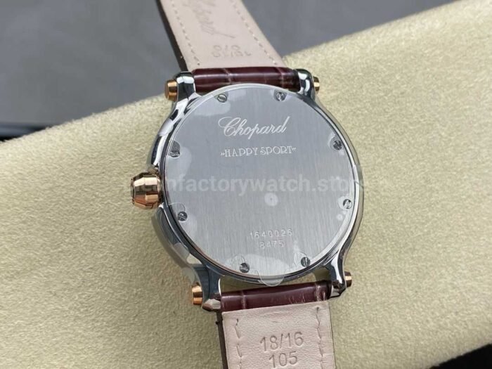 YF Factory Chopard Happy Sport 277473-5008 36mm Diamond Rose Gold Bezel Steel Leather Strap Roman Numerals Brown Dial - Image 7