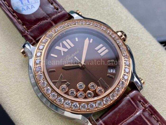 YF Factory Chopard Happy Sport 277473-5008 36mm Diamond Rose Gold Bezel Steel Leather Strap Roman Numerals Brown Dial - Image 2
