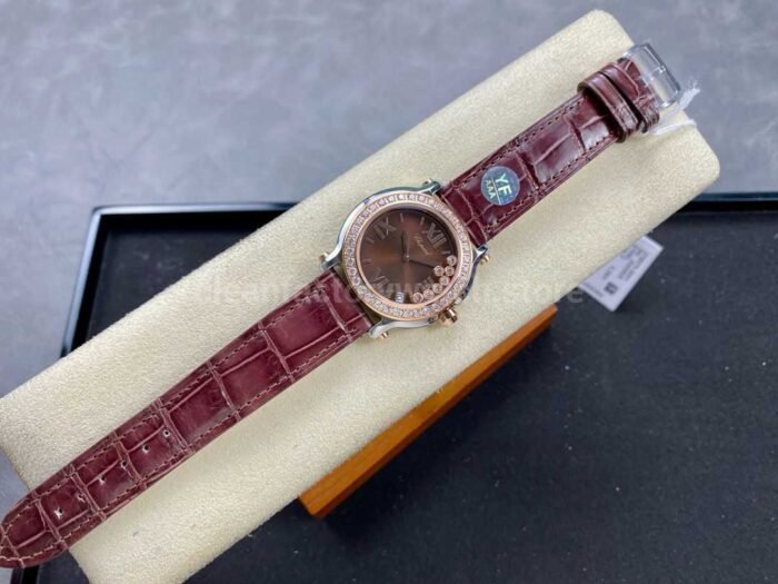 YF Factory Chopard Happy Sport 277473-5008 36mm Diamond Rose Gold Bezel Steel Leather Strap Roman Numerals Brown Dial - Image 4