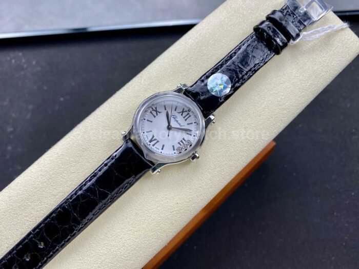 YF Factory Chopard Happy Sport 278590 3001 30mm Steel Black Leather Strap Roman Numerals White Dial 4 Super Clone Watch,Clean Factory Watch