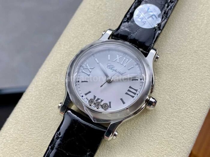 YF Factory Chopard Happy Sport 278590 3001 30mm Steel Black Leather Strap Roman Numerals White Dial 6 Super Clone Watch,Clean Factory Watch