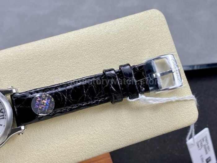 YF Factory Chopard Happy Sport 278590 3001 30mm Steel Black Leather Strap Roman Numerals White Dial 7 Super Clone Watch,Clean Factory Watch