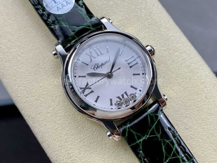 YF Factory Chopard Happy Sport 278590 3001 30mm Steel Green Leather Strap Roman Numerals White Dial 1 Super Clone Watch,Clean Factory Watch