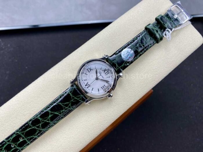 YF Factory Chopard Happy Sport 278590 3001 30mm Steel Green Leather Strap Roman Numerals White Dial 3 Super Clone Watch,Clean Factory Watch