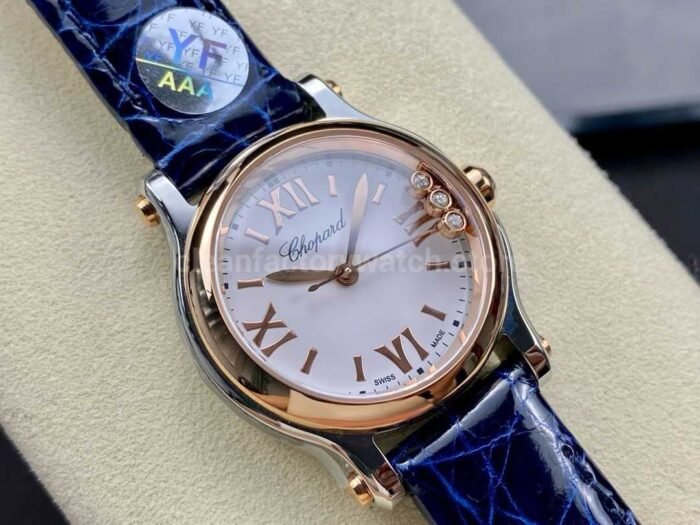 YF Factory Chopard Happy Sport 278590-6001 30mm Rose Gold Bezel,Steel Blue Leather Strap Roman Numerals White Dial - Image 2