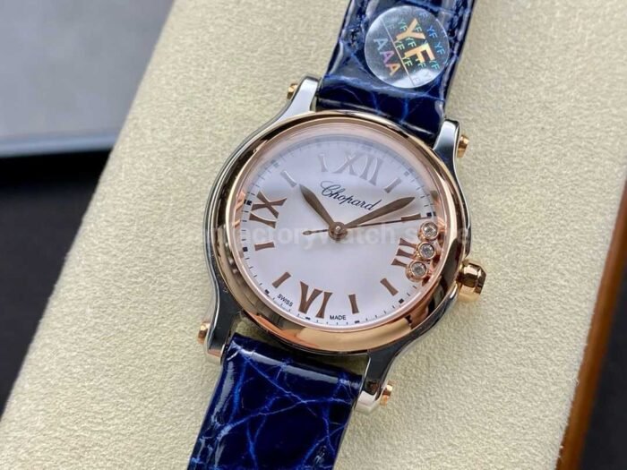 YF Factory Chopard Happy Sport 278590-6001 30mm Rose Gold Bezel,Steel Blue Leather Strap Roman Numerals White Dial - Image 3