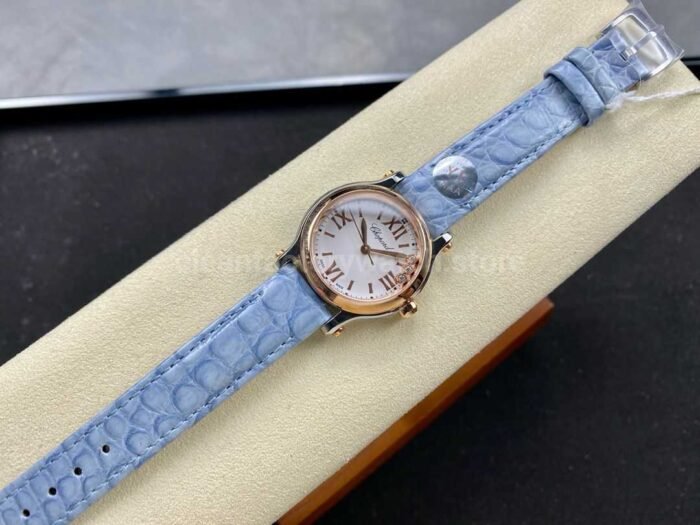 YF Factory Chopard Happy Sport 278590 6001 30mm Rose Gold BezelSteel Sky Blue Leather Strap Roman Super Clone Watch,Clean Factory Watch