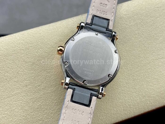 YF Factory Chopard Happy Sport 278590 6001 30mm Rose Gold BezelSteel Sky Blue Leather Strap Roman 4 Super Clone Watch,Clean Factory Watch