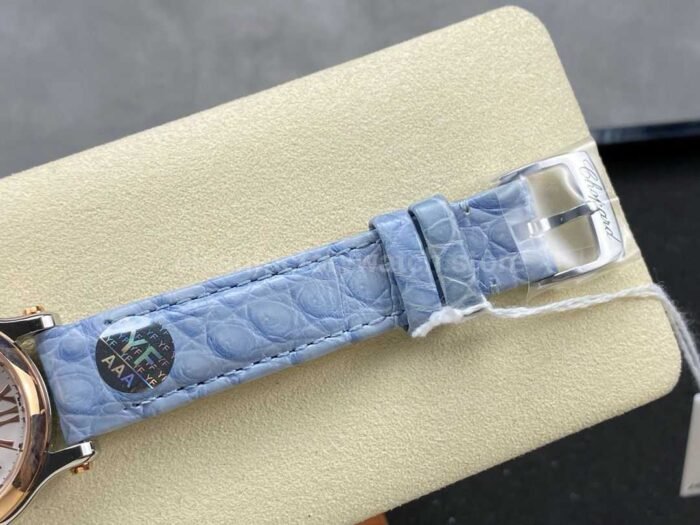 YF Factory Chopard Happy Sport 278590 6001 30mm Rose Gold BezelSteel Sky Blue Leather Strap Roman 5 Super Clone Watch,Clean Factory Watch