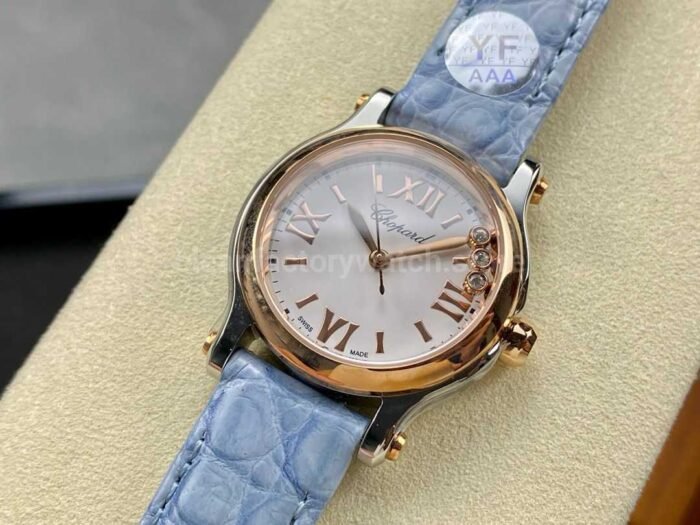 YF Factory Chopard Happy Sport 278590 6001 30mm Rose Gold BezelSteel Sky Blue Leather Strap Roman 6 Super Clone Watch,Clean Factory Watch