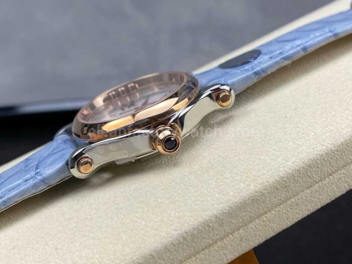 YF Factory Chopard Happy Sport 278590 6001 30mm Rose Gold BezelSteel Sky Blue Leather Strap Roman 8 Super Clone Watch,Clean Factory Watch