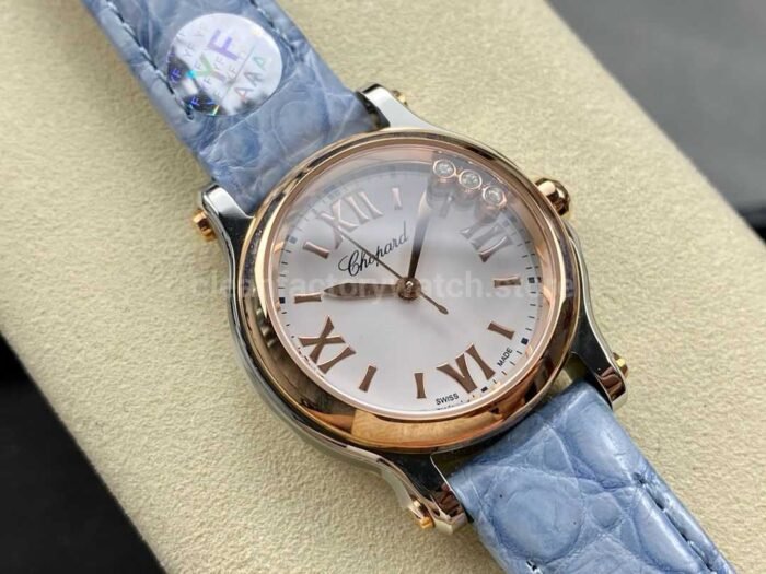 YF Factory Chopard Happy Sport 278590 6001 30mm Rose Gold BezelSteel Sky Blue Leather Strap Roman 9 Super Clone Watch,Clean Factory Watch